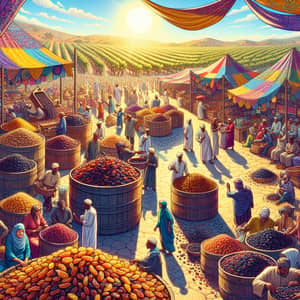Fair Trade Raisins: Vibrant Marketplace Scene Illustration