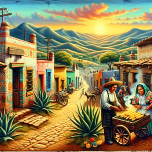 Traditional Mexican Village Scene with Elotes Grill and Blanket Weaving