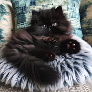 Fluffy Black Persian Kitten on Soft Plush Cushion