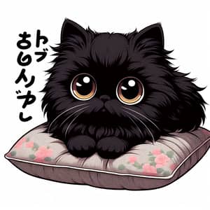 Black Persian Kitten on Soft Cushion Anime Style