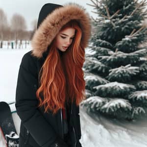 Red-Haired Woman in Black Winter Coat - Outdoor Winter Activity