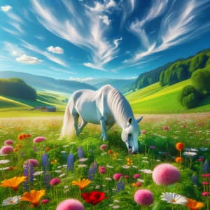 White Horse Grazing in Lush Green Field with Vibrant Flowers
