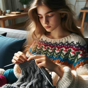 Young Caucasian Girl Knitting Intricately Patterned Aran Sweater