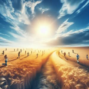 Diverse People Running in Endless Grain Field Under Sunny Sky