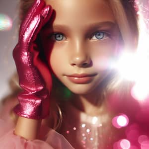 Caucasian Young Girl in Vibrant Pink Glove