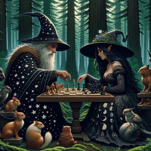 Wizard and Witch Playing Magical Chess in Enchanted Forest