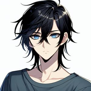 Anime Style Teenage Boy with Striking Blue Eyes and Black Hair