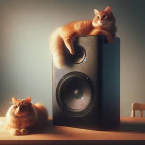 Fluffy Orange Tabby Cat on Sleek Computer Speaker
