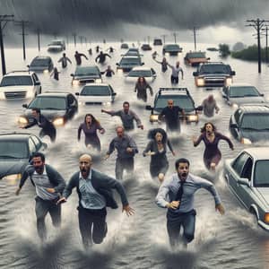 Alarming Flood Scene: Diverse Group Escaping from Submerged Vehicles