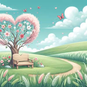 Whimsical Valentine's Day Illustration with Heart-shaped Tree and Romantic Elements
