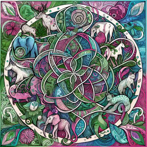Vibrant Sustainability Art: Animal Prints & Flora in Green, Pink, Purple, Turquoise