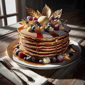 Luxurious Golden-Brown Pancake with Fresh Berries and Gold Leaf