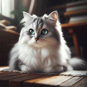 Domestica Breed Feline on Wooden Surface | Fluffy Silver & White Fur