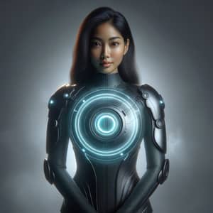 Futuristic South Asian Woman with Energy Shield and Digital Badge