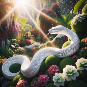 Elegant White Snake in a Lush Garden Setting
