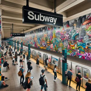 Vibrant New York City Subway Station with Diverse People and Graffiti Art