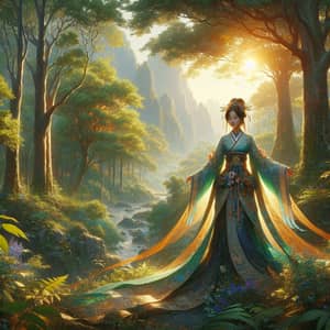 Radiant Forest Scene Digital Painting with Asian Woman | Original Art