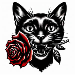 Black Cat Holding Red Rose - Beautiful Image
