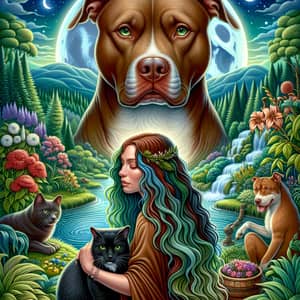 Spiritual Scene with Red-Nosed Pit Bull Dog and Shamanistic Woman