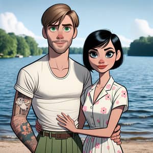 Hand-Drawn Animation Inspired Couple in Front of Lake | Modern Art