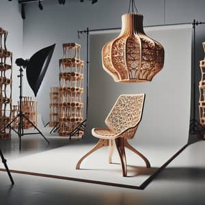 Parametric Wooden Chair and Designer Chandelier in Photography Studio