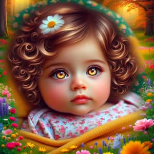 Serene Baby Girl with Golden Eyes in Blossoming Meadow