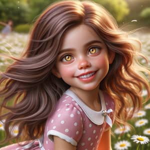 Joyful Seven-Year-Old Girl with Golden Eyes and Hazel Brown Hair in a Daisy Field