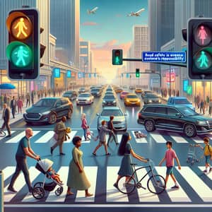 Road Safety at Busy Intersection: Pedestrians, Cyclists, Traffic Lights