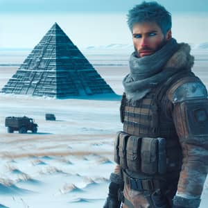 Blue-Eyed Mercenary at Mysterious Pyramid in Harsh Russian Landscape
