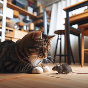 Playful Tabby Cat and Mouse Interaction