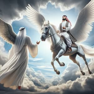 Arabic Man Riding White Winged Horse with Angel - Wonders of Creation
