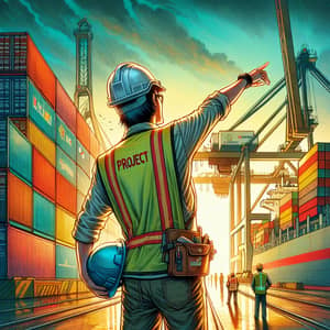 Indonesian Worker Pointing at Container | Port Scene Illustration