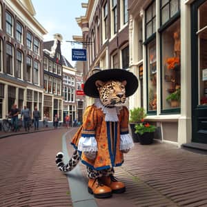 Leopard in Traditional Dutch Costume | Vibrant Leiden City Scene