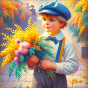 Young Boy with Mimosa Flowers - Impressionist Style Painting