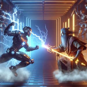 Futuristic Cypherpunk Battle Scene: Technology vs. Mythology