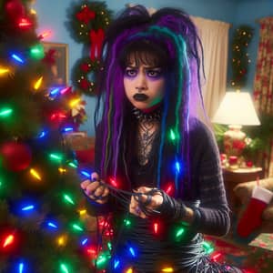 Hispanic Goth Girl Entangled in Christmas Lights Decorating Tree