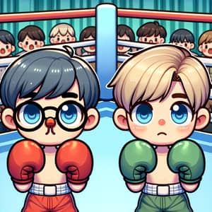 Cartoon Boys Boxing Match in Traditional Ring