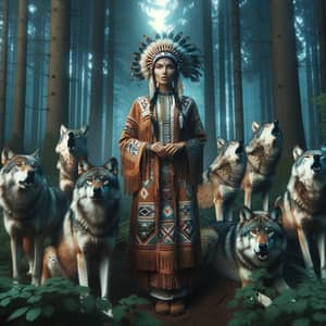 Native American Woman & Howling Wolves