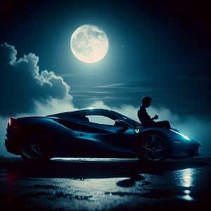 Melancholic Scene: Blue Ferrari Under Moonlight