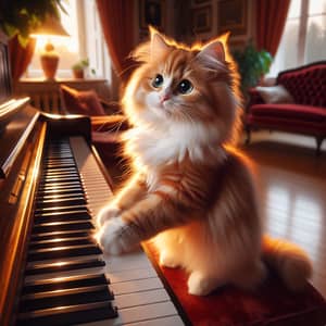 Fluffy Orange and White Cat Playing Grand Piano - Quirky Musical Scene