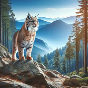Wildcat Standing on Rocky Ledge in Mountain - Nature Landscape Photo