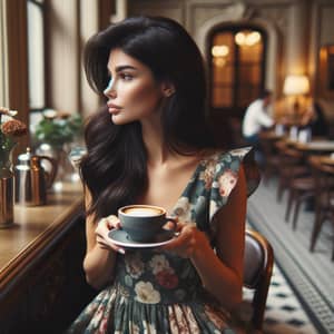Hispanic Brunette Woman Enjoying Coffee at Cozy Café