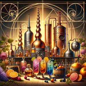 Vibrant Distillery Scene with Golden Ratio Spiral | Copper Stills & Cocktails