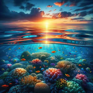 Seascape Sunrise with Vibrant Coral Reef and Exotic Fish