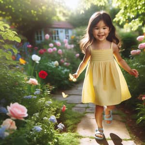 Young Girl Playing in Lush Garden with Colorful Flowers