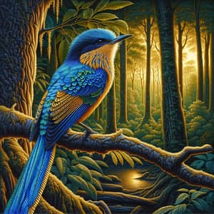 Spectacle of Evolution: Azure & Gold Bird in Tranquil Forest