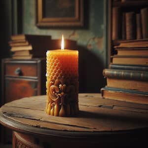 Tranquil Setting with Beeswax Candle on Antique Table