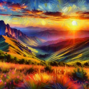 Colorful Sunset Mountain Landscape | Impressionist Painting Style