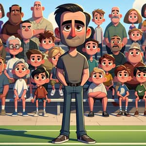 Pixar-style Middle-Aged Man at High School Soccer Game