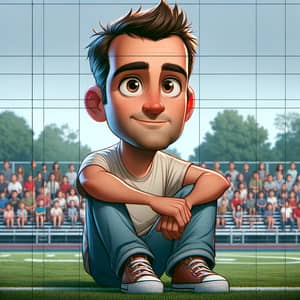 Middle-Aged Caucasian Man in Pre-2010 Animation Style Watching High School Soccer Game